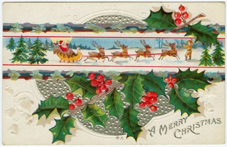 Vintage Christmas card saying Merry Christmas with Santa and his sleigh surrounded by holly.